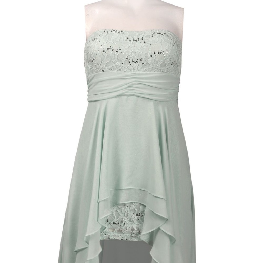 HAILEY LOGAN STRAPLESS SEQUIN LACE HIGH LOW CHIFFON OVERLAY DRESS